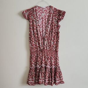 Poupette St. Barth Magenta Red Ditsy Floral Dress Cinched Waist Flirty Design